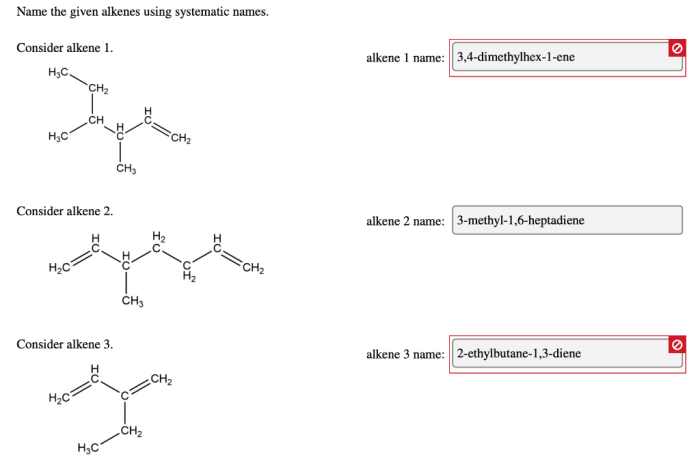 Name the given alkenes using systematic names.